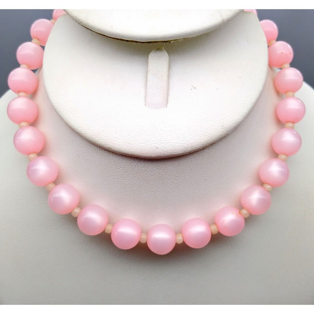 Vintage Moonglow Bubble Gum Necklace, Pretty Pastel Pink Beads Strand, Choker